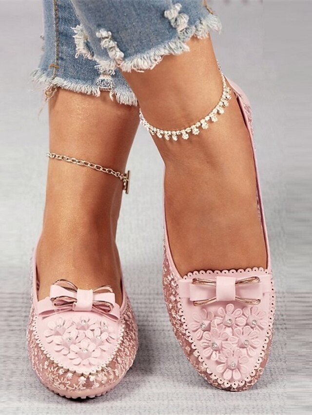 Elegant Pink Lace Bow Floral Detail Flats - Image 1