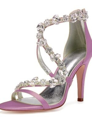 Elegant Pink Satin Rhinestone Floral High Heel Sandals - Image 8