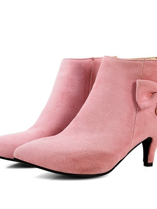 Elegant Pink Suede Ankle Boots with Bow and Pearl Charm - Image 1