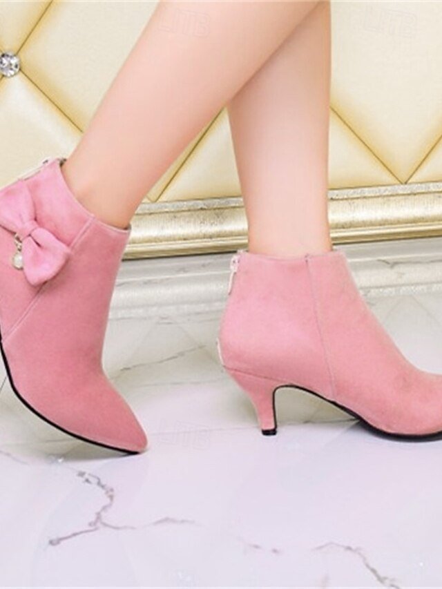 Elegant Pink Suede Ankle Boots with Bow and Pearl Charm - Image 2
