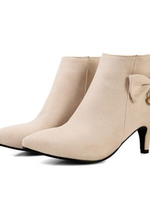 Elegant Pink Suede Ankle Boots with Bow and Pearl Charm - Image 5