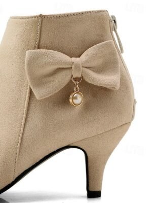 Elegant Pink Suede Ankle Boots with Bow and Pearl Charm - Image 6