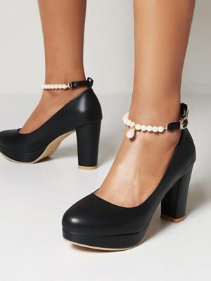 Elegant Platform Chunky Heel Pearl Ankle Strap Pumps - Image 5