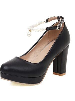 Elegant Platform Chunky Heel Pearl Ankle Strap Pumps - Image 7