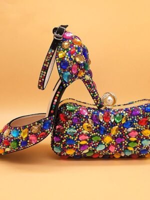 Elegant Pointed Toe Multicolour Rhinestone High Heel Shoes with Matching Clutch - Image 1