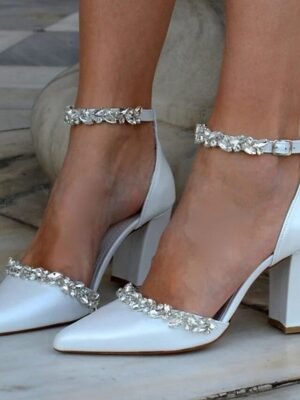 Elegant Pointed Toe Rhinestone Ankle Strap Block Heel Wedding Shoes - Image 1