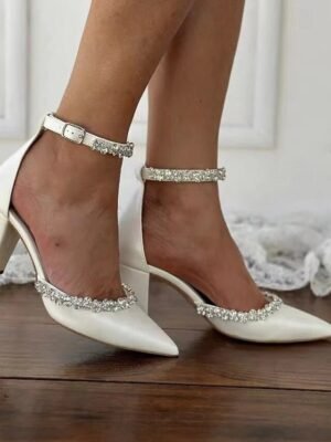 Elegant Pointed Toe Rhinestone Ankle Strap Block Heel Wedding Shoes - Image 4