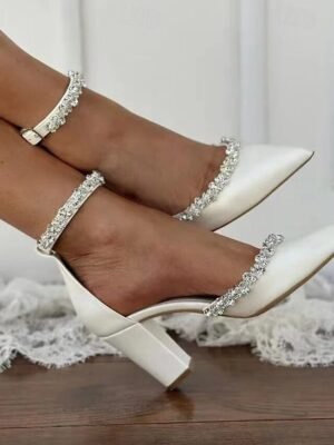Elegant Pointed Toe Rhinestone Ankle Strap Block Heel Wedding Shoes - Image 5