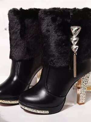 Elegant Pointed Toe Rhinestone Faux Fur Ankle Boots - Image 6