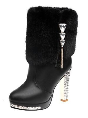 Elegant Pointed Toe Rhinestone Faux Fur Ankle Boots - Image 7