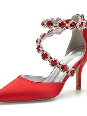 Elegant Pointed Toe Satin Rhinestone Ankle Strap High Heel Shoes - Image 15