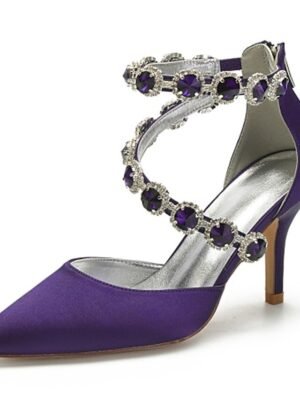 Elegant Pointed Toe Satin Rhinestone Ankle Strap High Heel Shoes - Image 3