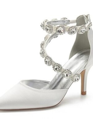 Elegant Pointed Toe Satin Rhinestone Ankle Strap High Heel Shoes - Image 4