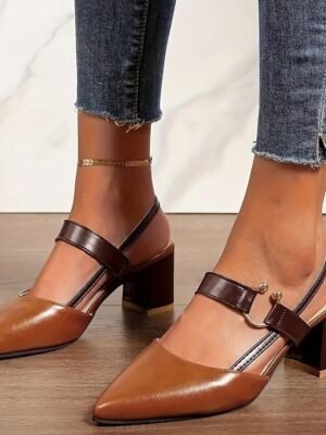 Elegant Pointed Toe Slip-On Two-Tone Block Heel Pumps - Image 3