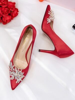 Elegant Rhinestone Embellished Satin Pointed Toe High Heels - Image 8