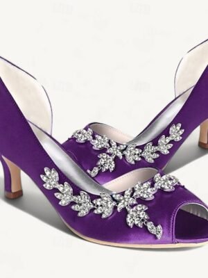 Elegant Rhinestone Kitten Heel Peep Toe Bridal Satin Loafers - Image 1