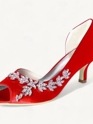 Elegant Rhinestone Kitten Heel Peep Toe Bridal Satin Loafers - Image 10
