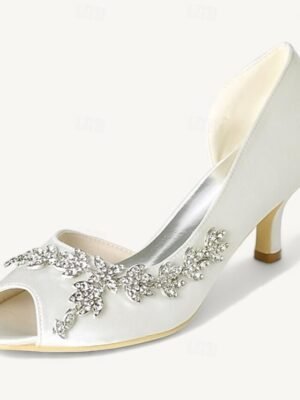 Elegant Rhinestone Kitten Heel Peep Toe Bridal Satin Loafers - Image 11