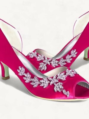 Elegant Rhinestone Kitten Heel Peep Toe Bridal Satin Loafers - Image 12