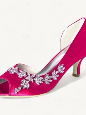 Elegant Rhinestone Kitten Heel Peep Toe Bridal Satin Loafers - Image 13