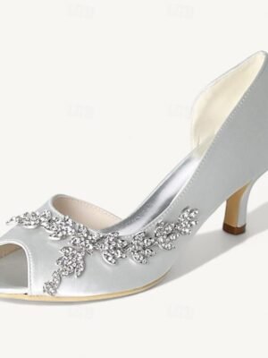 Elegant Rhinestone Kitten Heel Peep Toe Bridal Satin Loafers - Image 14