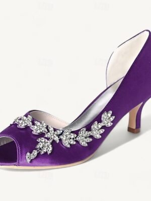 Elegant Rhinestone Kitten Heel Peep Toe Bridal Satin Loafers - Image 15