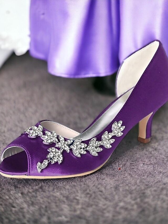 Elegant Rhinestone Kitten Heel Peep Toe Bridal Satin Loafers - Image 2