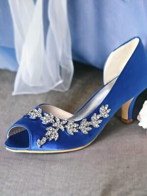 Elegant Rhinestone Kitten Heel Peep Toe Bridal Satin Loafers - Image 3