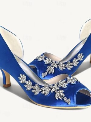 Elegant Rhinestone Kitten Heel Peep Toe Bridal Satin Loafers - Image 4