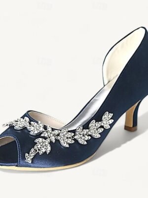 Elegant Rhinestone Kitten Heel Peep Toe Bridal Satin Loafers - Image 5