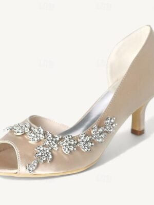 Elegant Rhinestone Kitten Heel Peep Toe Bridal Satin Loafers - Image 6