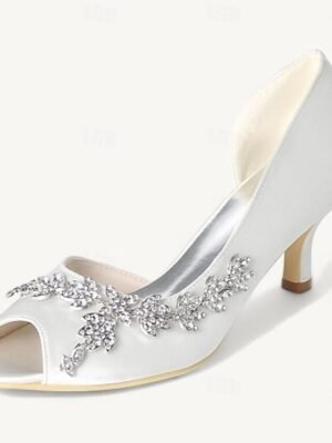 Elegant Rhinestone Kitten Heel Peep Toe Bridal Satin Loafers - Image 7