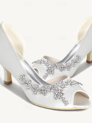 Elegant Rhinestone Kitten Heel Peep Toe Bridal Satin Loafers - Image 8