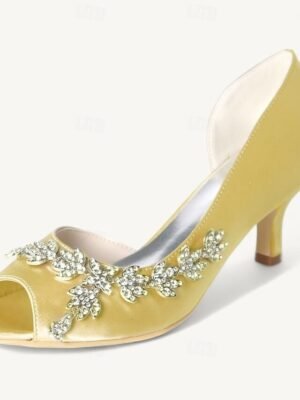 Elegant Rhinestone Kitten Heel Peep Toe Bridal Satin Loafers - Image 9