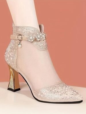 Elegant Rhinestone Mesh Pointed Toe Ankle Boots - Image 3
