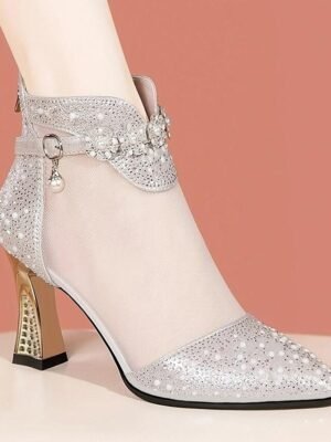 Elegant Rhinestone Mesh Pointed Toe Ankle Boots - Image 5