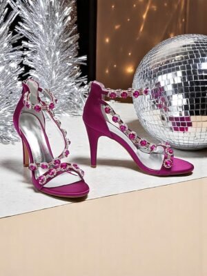 Elegant Rhinestone Strappy High Heel Satin Sandals - Image 1