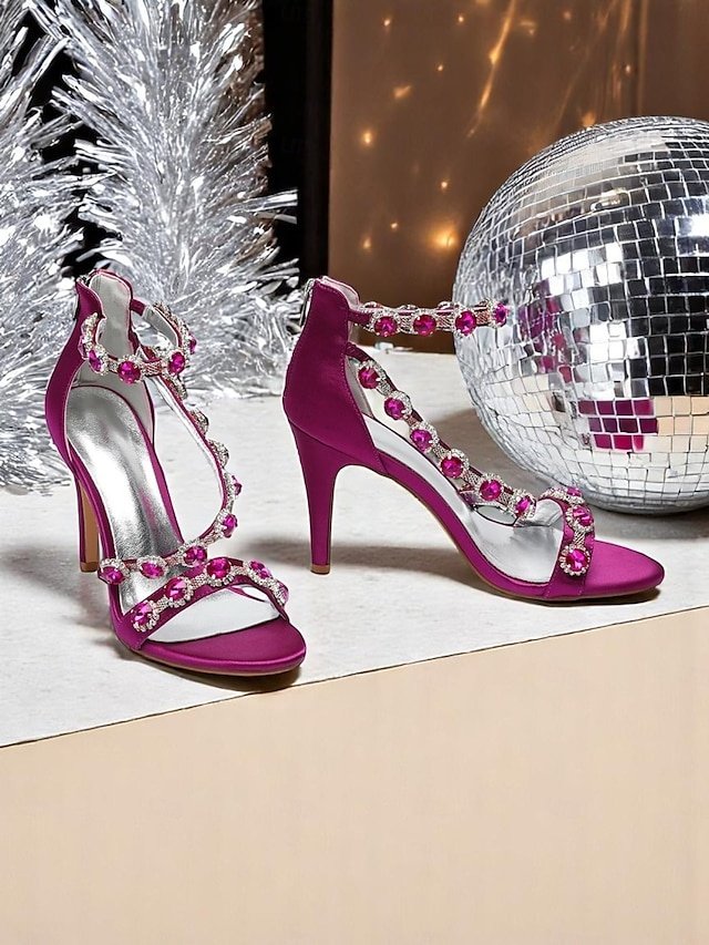 Elegant Rhinestone Strappy High Heel Satin Sandals - Image 1