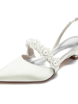 Elegant Satin Low Heel Pearl Embellished Wedding Shoes - Image 1
