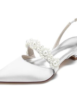 Elegant Satin Low Heel Pearl Embellished Wedding Shoes - Image 8