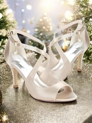 Elegant Satin Peep-Toe Pearl Ankle Strap Heels - Image 1