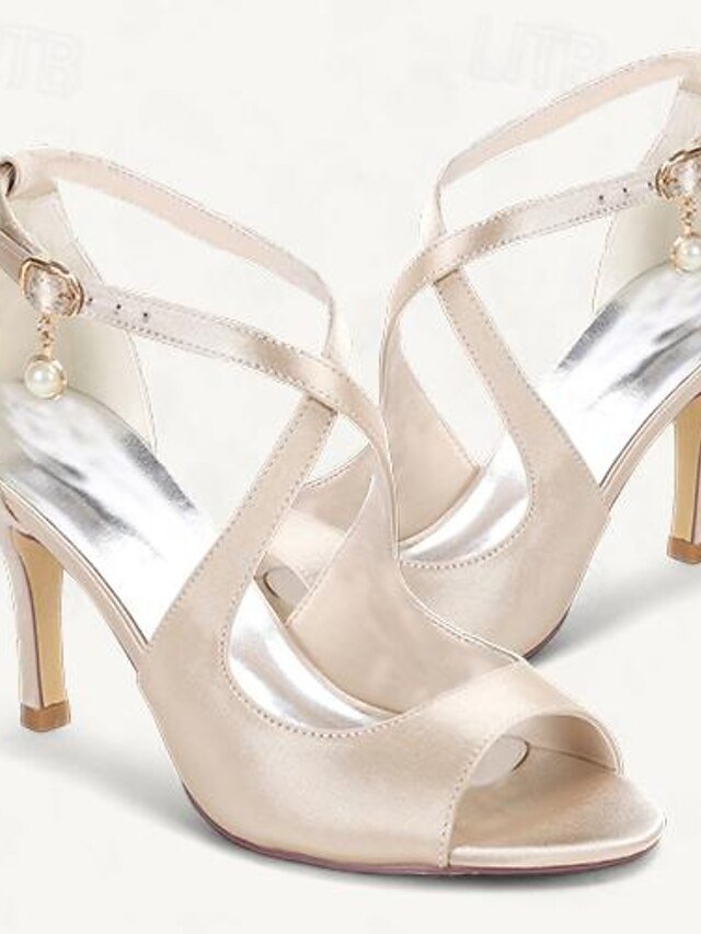 Elegant Satin Peep-Toe Pearl Ankle Strap Heels - Image 10