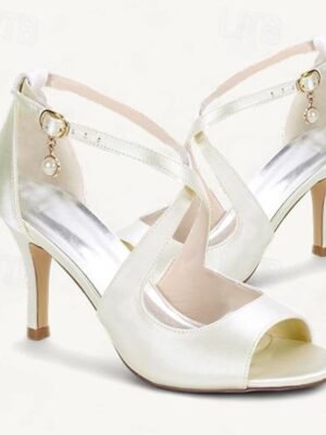 Elegant Satin Peep-Toe Pearl Ankle Strap Heels - Image 11