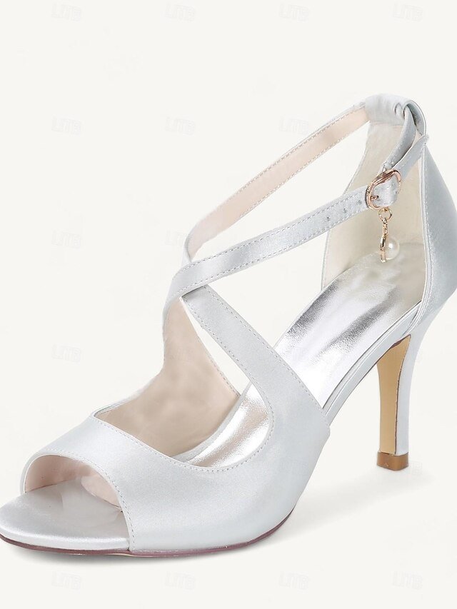 Elegant Satin Peep-Toe Pearl Ankle Strap Heels - Image 13