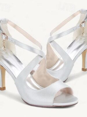 Elegant Satin Peep-Toe Pearl Ankle Strap Heels - Image 14