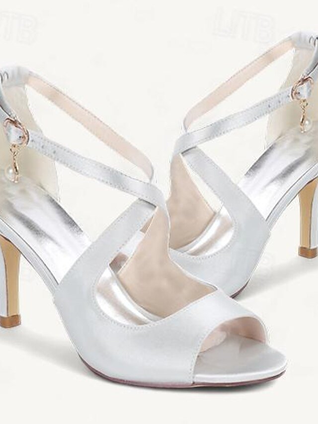 Elegant Satin Peep-Toe Pearl Ankle Strap Heels - Image 14