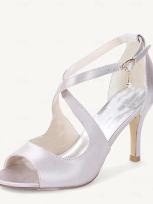 Elegant Satin Peep-Toe Pearl Ankle Strap Heels - Image 15