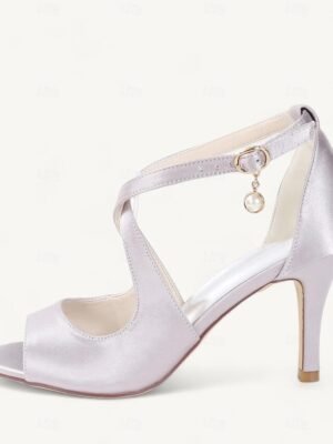 Elegant Satin Peep-Toe Pearl Ankle Strap Heels - Image 2