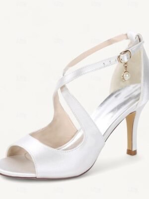 Elegant Satin Peep-Toe Pearl Ankle Strap Heels - Image 4