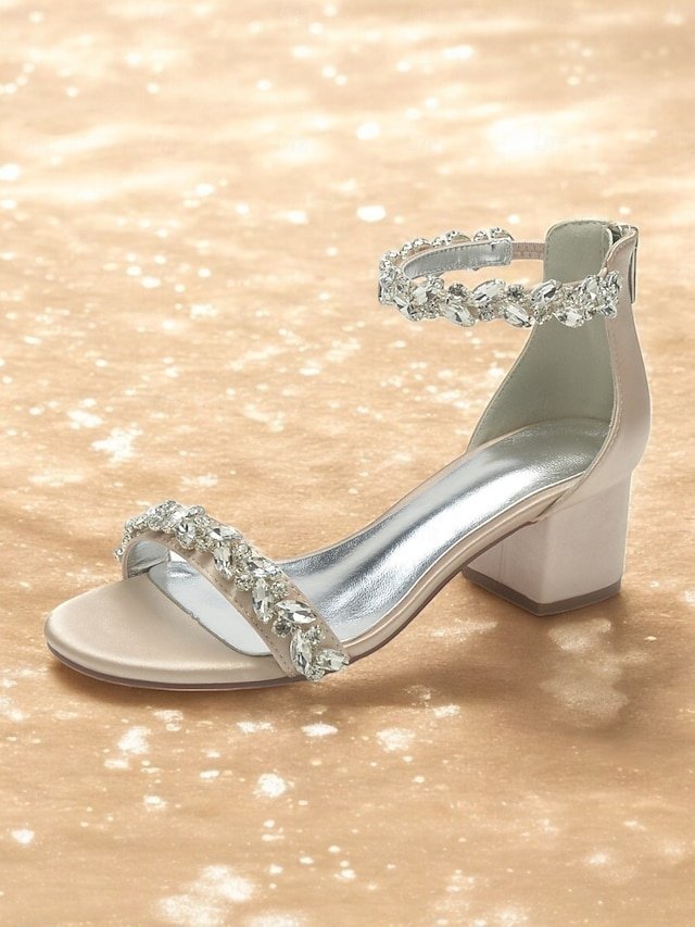 Elegant Satin Rhinestone Ankle Strap Block Heel Open Toe Wedding Sandals - Image 1